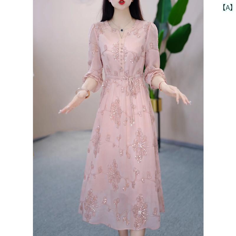 レディース ワンピース 重厚な 刺繍の スパンコールの ドレス 2025 春の スタイルな 高級 年齢を 減ら..