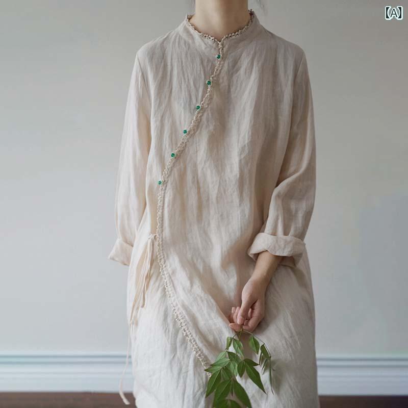 レディース ワンピース 夏の 民族 風 コットンリネン ドレス 膝丈で スリム 芸術的な レトロ レースの ..