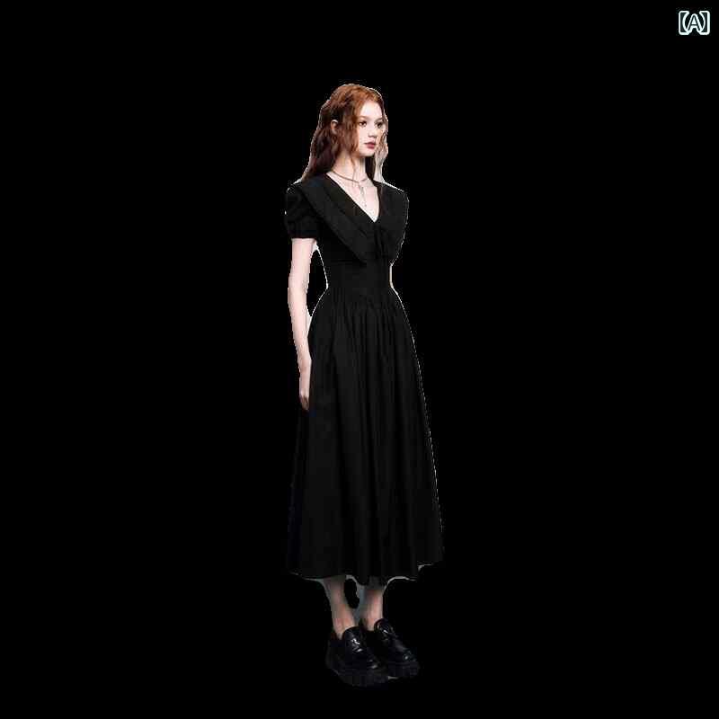 レディース トップス 2025年 綿の レディース ドレス カーブ Vネック ウエスト パフスリーブ 夏 フレンチスタイル 万能 ファッション スカート