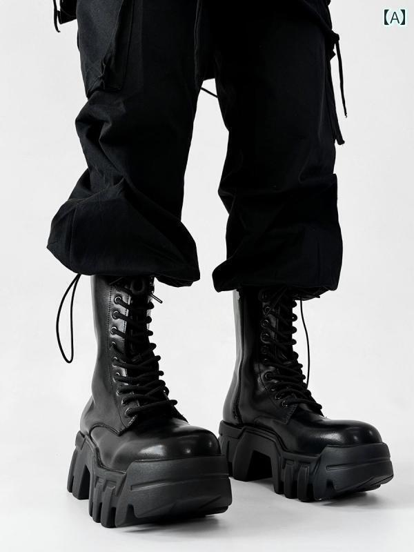 おしゃれ 靴 パリ ブルドーザー ブーツ メンズ ハイカット ジッパー モーター サイクル 厚底 ハイヒー..