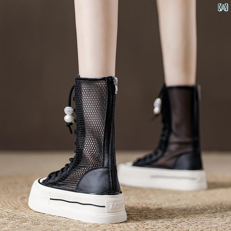 スニーカー ブーツ 厚底 メッシュ 通気性 ブーツ 女性用 夏 薄型 2025 カジュアル ハイカット サンダル チューブ