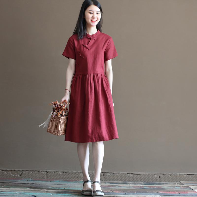 レディース トップス オシャレ 春 3年または 5年 Q 706 夏 中国 リネン コットン スタンドカラー ドレ..