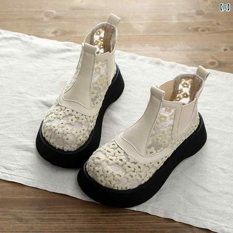 女性用 サマー サンダル 薄型 厚底 高さの ある ブーツ メッシュ 通気性の 文学的な スリーブ ハイカット