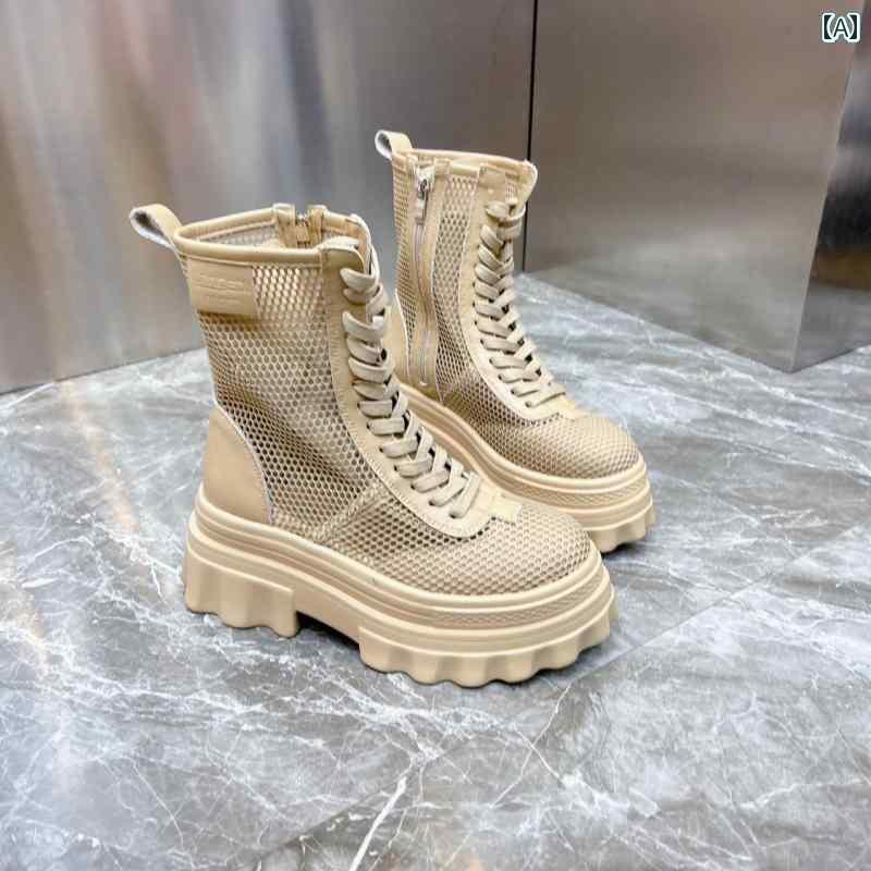 韓国 サンダル ブーツ レディース 2024 夏 スタイル メッシュ ホール ショート プラットフォーム 厚底 ハイヒール 滑り止め スリム