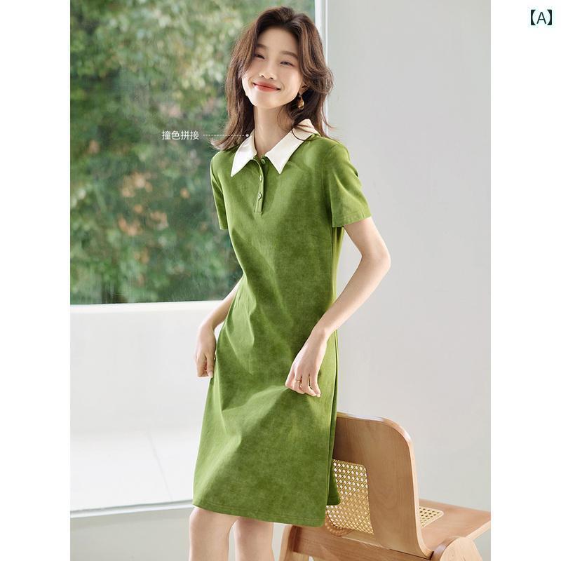 モハン イー メイの カジュアル スムース カラーの スマッジ コントラスト POLO カラー ドレス 2025 春..