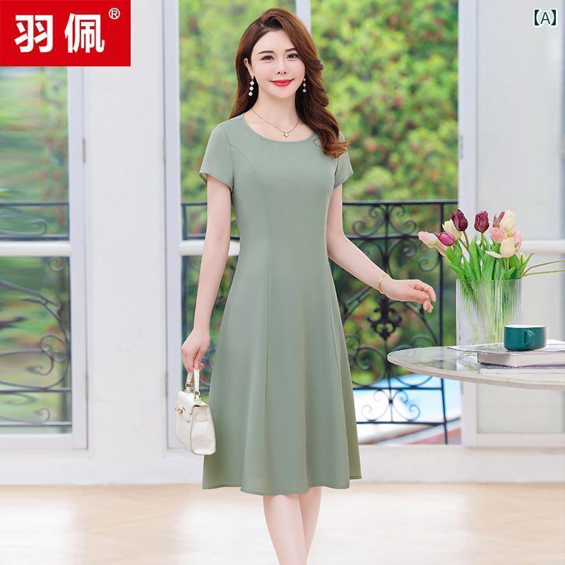 レディース トップス オシャレ 春 若見え 母親の 夏の シフォン ドレス 中年 レディース ファッション 年齢を 減らす 緑の スカート