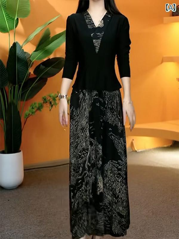 レディース トップス オシャレ 春 フェイク ツーピース 長袖 ワンピース 女性 春秋 2025 チャイナ風 スカート W 早春 ロング