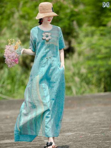 一流 夏 文芸 復古 綿 麻 ワンピース ゆったり つなぎ合わせ カジュアル ロング スカート 一流 夏 文芸 復古 綿 麻 ワンピース ゆったり つなぎ合わせ カジュアル ロング スカート