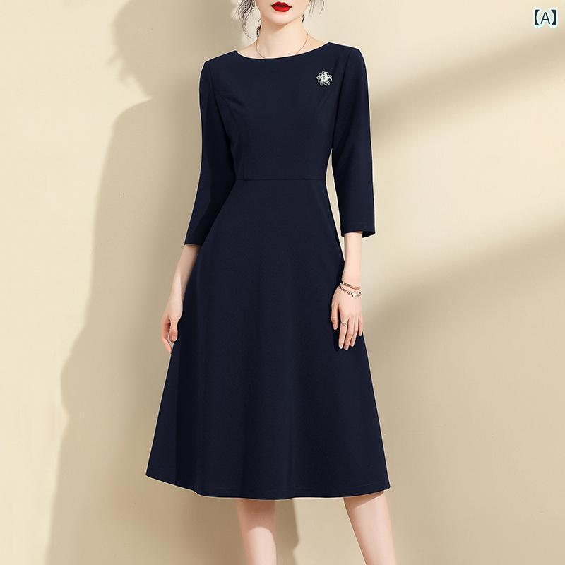 インクと インク 清 華 春の エレガント スリム ネイビーブルー aライン スカート ボトム ドレス