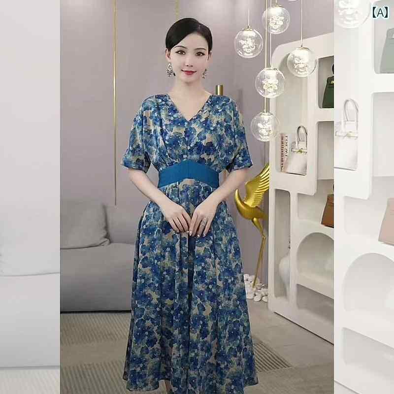 春の 婦人服 2025 新型 レディース おしゃれ 年齢を 縮める の 母 ハイウエスト ブルー 油絵 ワンピース aライン