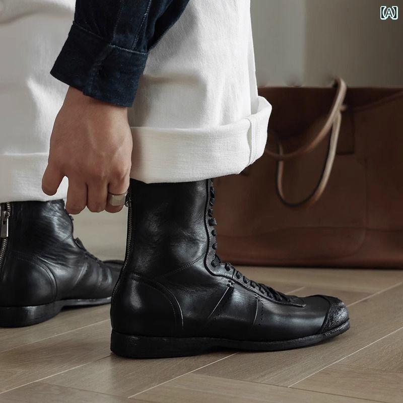 ブーツ メンズ ハイカット ボクシング シューズ フラットソール カジュアル レトロ ミッド トップ ドイ..