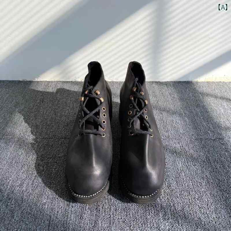 ダーク シリーズ ハイカット ダービー シューズ メンズ レトロ ディストレス ト マット メタル スタッド ハイキング ブーツ 厚底 ラウンドトゥ ショート
