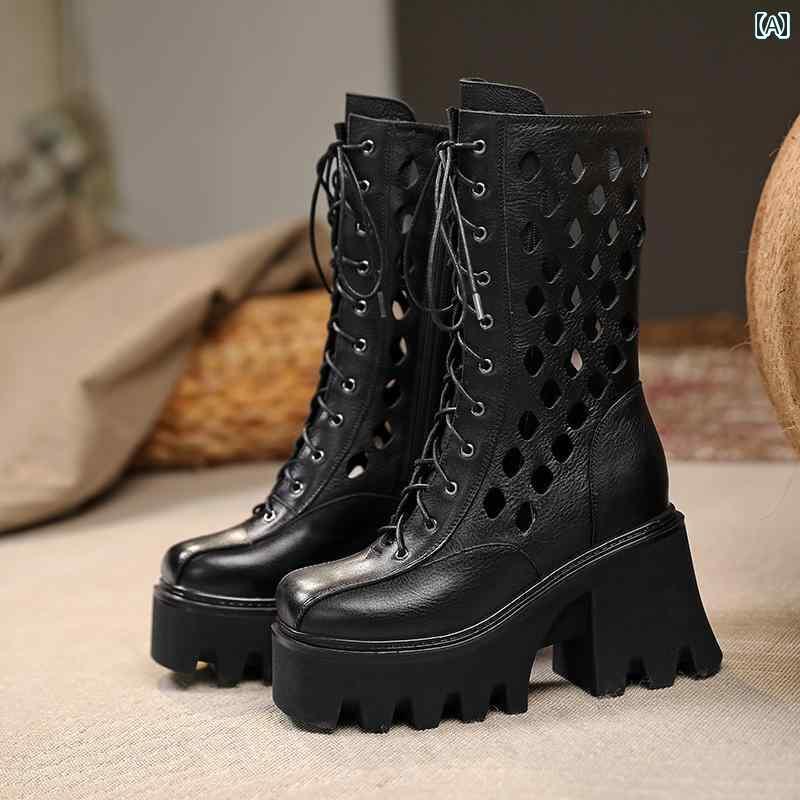 厚底 ヒールと ソールの 革 サンダル 10 cm ハイヒールの レディースシューズ の 通気性の ある 穴 クロージャー 付きの レトロ ミドル ブーツ