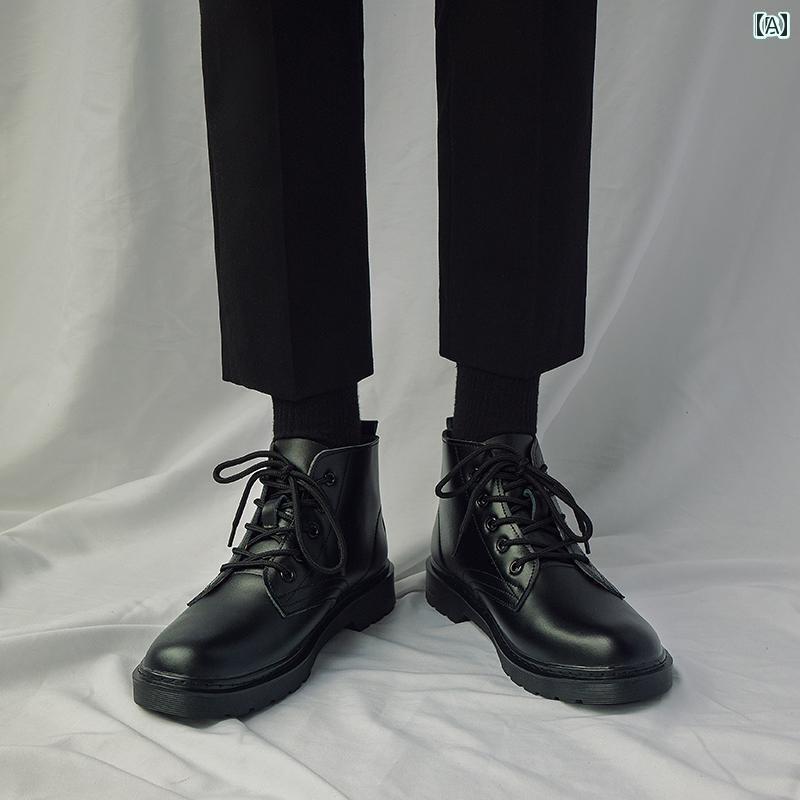 革 ブラック ハイカット ブーツ メンズ 秋 英国 モーター サイクル イン レザーシューズ スタイル カップル ワークウェア シューズ