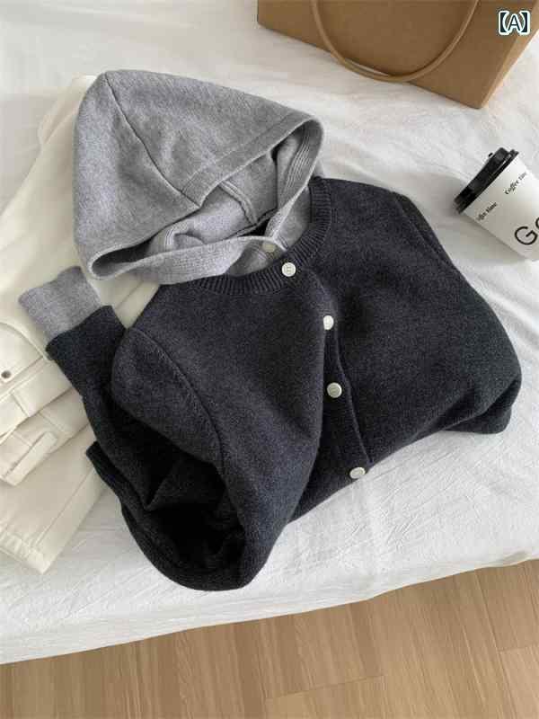 レディース トップス オシャレ 春 マカロン フード付き ニットカーディガン レディース フェイク ツーピース セーター ジャケット 春秋 ゆったり トップス