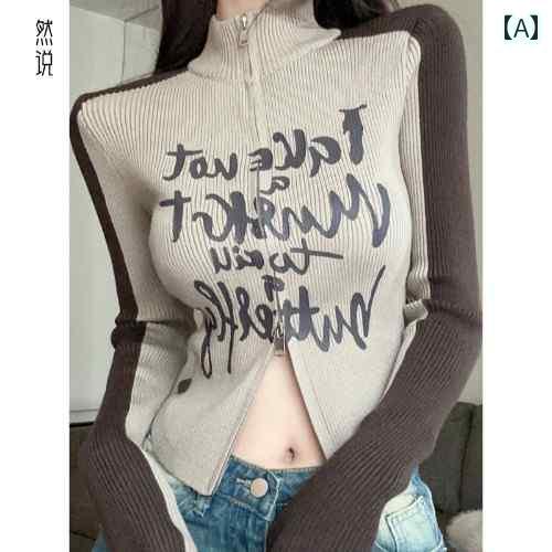 レディース トップス オシャレ 春 な スタイル アメリカン ダブル ジッパー スタンドカラー ニットカー..