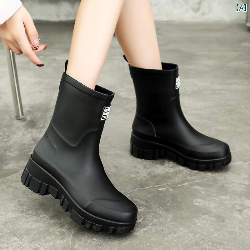 履きやすい 長靴 おしゃれ レディースファッション レインブーツ 秋冬 シンプル ミドル チューブ 大人 防水 滑り止め 雨の 日 ラバーシューズ 厚底 ウォーター シューズ