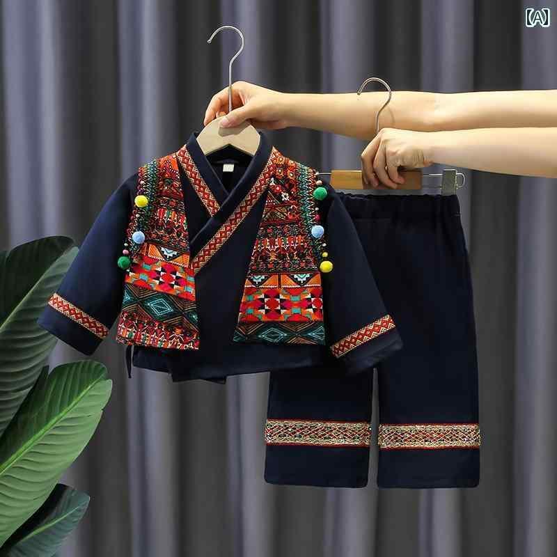 セットアップ キッズ コスプレ 漢服の 男の子 秋服装 子供の 民族 風の 苗 江 服の 男の 赤ちゃんの 秋 長袖の 西洋風の 魅惑的 唐装の ツーピースの スーツ