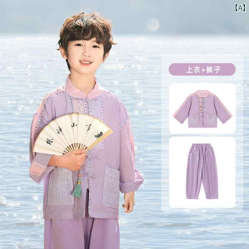 セットアップ キッズ コスプレ 広 西 チワン 族 少数 民族 風 子供用 パフォーマンス 衣装 ミャオ 男の子と 女の子 半袖 紫の スタイル