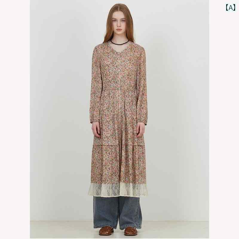 レディース ワンピース かわいい 韓国 シングル 木曜 島 モネ ガーデン ロマンチック レトロ レース 長..