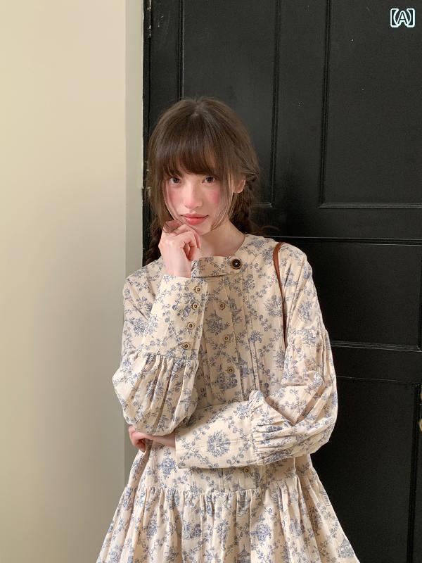 レディース ワンピース かわいい チーズ デー レトロ 柄 長袖 ワンピース 2025 春 チャイナ風 花柄 aラ..