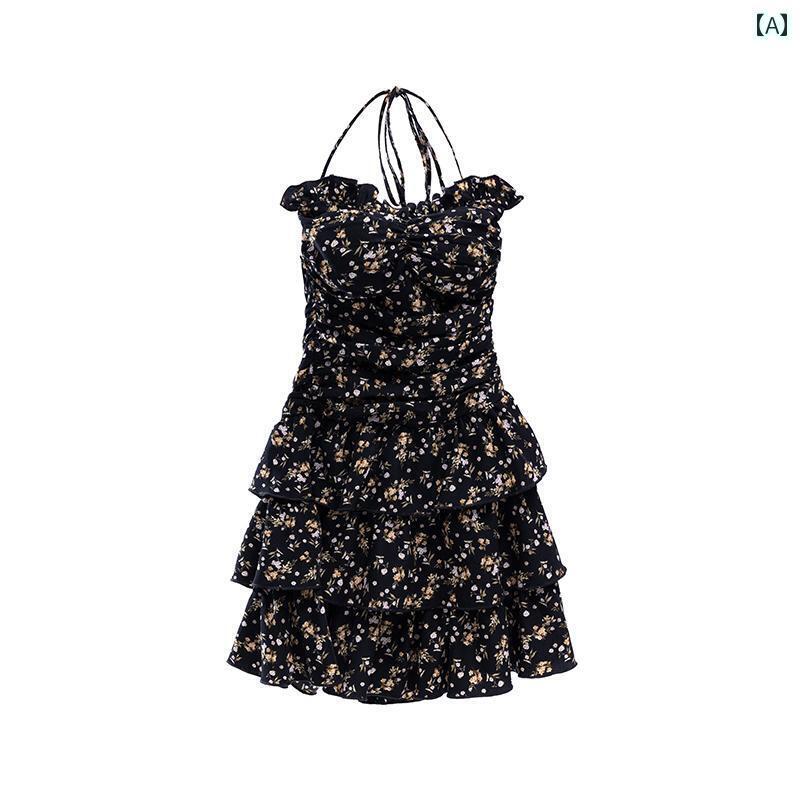 レディース ワンピース かわいい アナフォラ ブラック フローラル ホルターネック サスペンダー スカー..