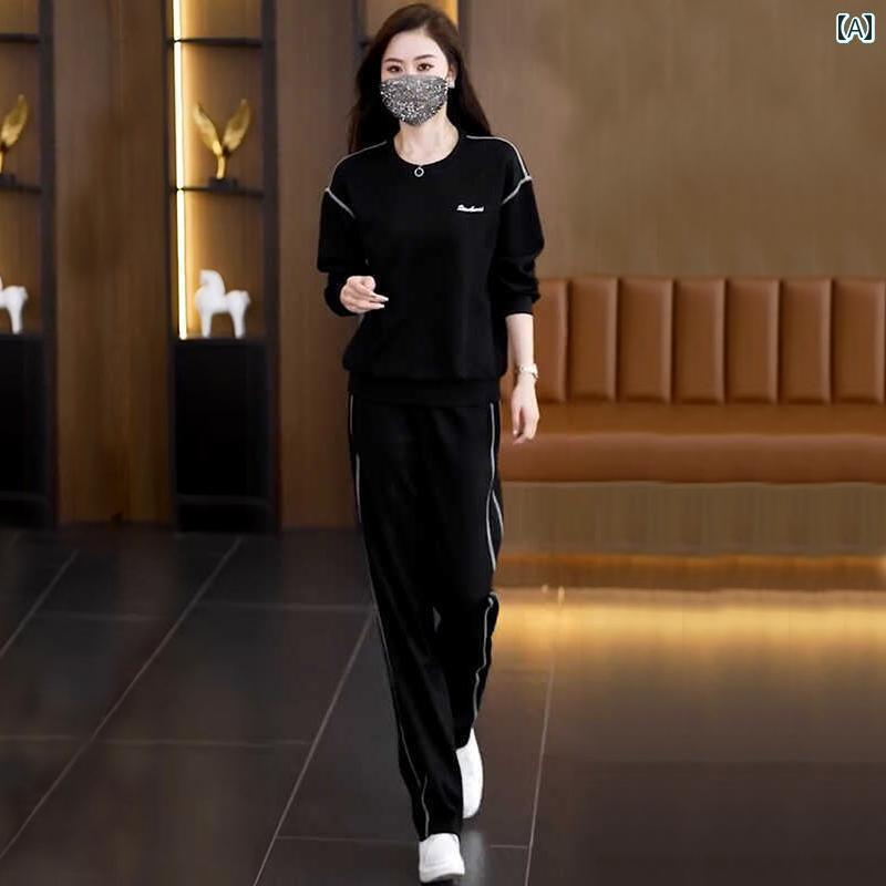 レディース ジャージ 楽ちん 女性用 カジュアル スポーツウェア スーツ 2025 春 おしゃれ ゆったり 大きいサイズ ラウンドネック スウェットシャツ ワイド レッグ パンツ ツーピース