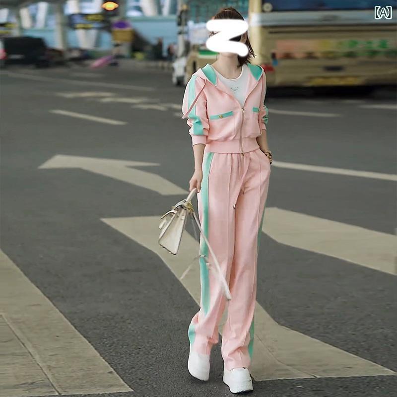 レディース ジャージ 楽ちん の 品々 レディース 美しい カジュアル スポーツ スーツ 2025 春の新 スタイル ホット ピンクの セーター ワイド レッグ パンツ ツーピース