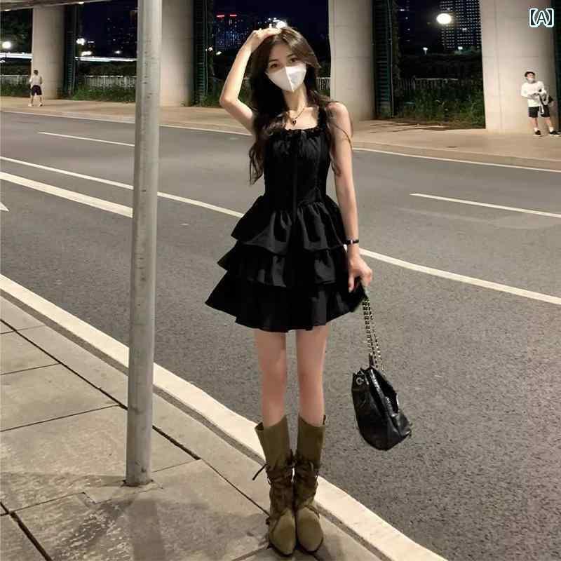 レディース トップス オシャレ 韓国 夏の レディース フレンチ ブラック サスペンダー ドレス ハイエン..