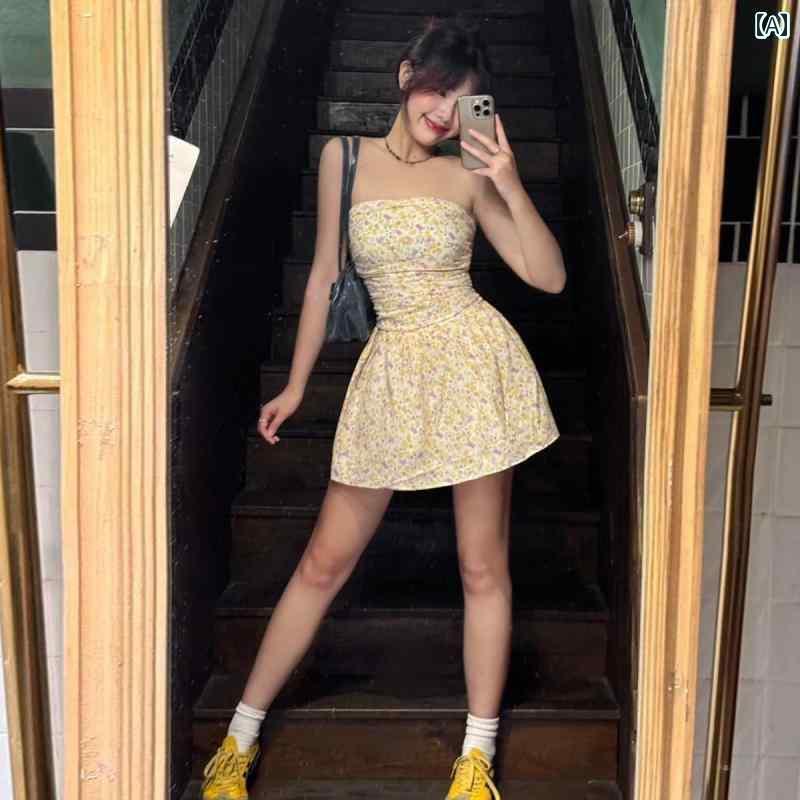 レディース トップス オシャレ 韓国 アハ ガガ ファッション ストリート ショット 花柄 ウエスト スリミング チューブ トップ ドレス ホット ガール バックレスと アメリカ ショート スカート 女性