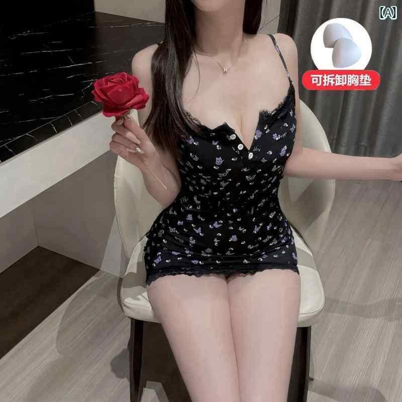 キャミソール ワンピース かわいい 魅惑的 レディース パジャマ 黒の 花柄 タイトヒップ スカート 薄手..