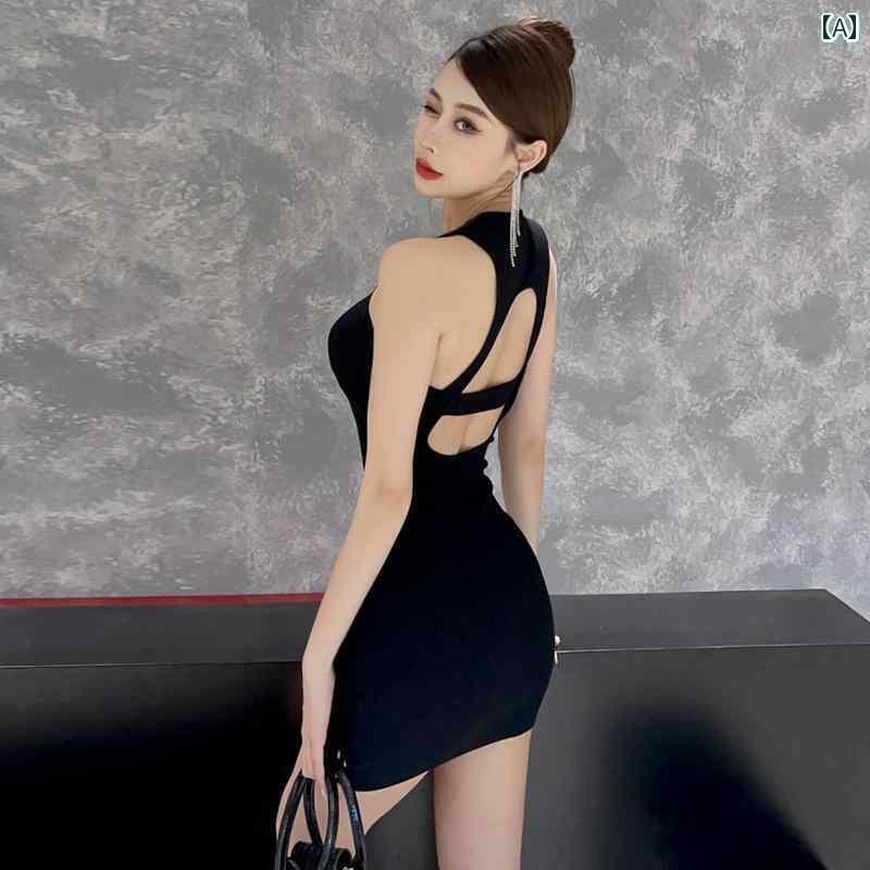 キャミソール ワンピース かわいい と アメリカ スレッド バック レス リトル ブラック ドレス 魅惑的 ホット ガール スリミングと スリミング ヒップ ショート ノースリーブドレス(4)