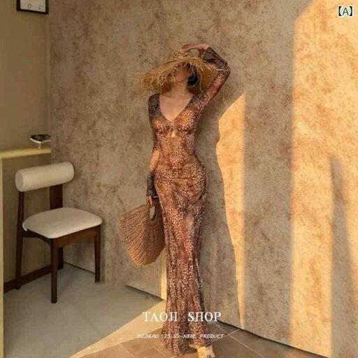 シャツ ワンピース カットソー 韓国 レトロ ヒョウ 柄の Vネック 長袖 ドレス 夏用 女性用 魅惑的 ホット ガール スリム ウエスト aライン スカート パーティー用 ロング シャツ ワンピース カットソー 韓国 レトロ ヒョウ 柄の Vネック 長袖 ドレス 夏用 女性用 魅惑的 ホット ガール スリム ウエスト aライン スカート パーティー用 ロング