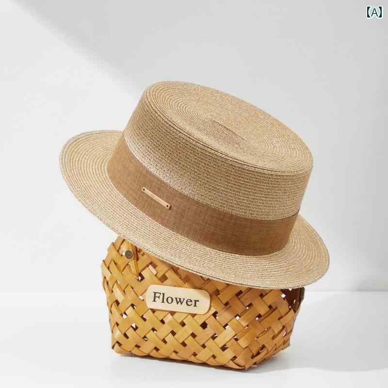 帽子 おしゃれ レディース ネット 麦わら 帽子 レディース 春夏 フレンチ フラット トップハット イギリス 日焼け防止 海辺 つば 広 男女 同じ スタイル(4)