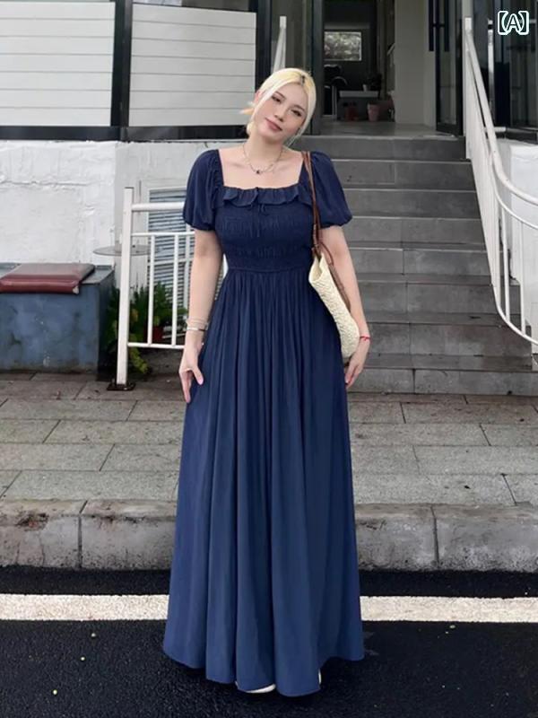 帽子 オシャレ レディース メンズ 大きいサイズ やや 太めの mm 肉を カバー して 痩せたを 見せる ロング スカート レディース 夏 高級 フレンチスクエア ネック パフスリーブドレス