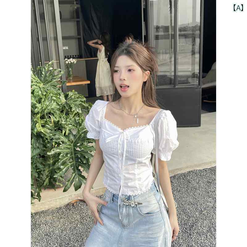 帽子 オシャレ レディース メンズ 蝶 結び スクエアネック パフスリーブ ホワイト シャツ レディース 夏 フレンチシック ウエスト ショート トップ