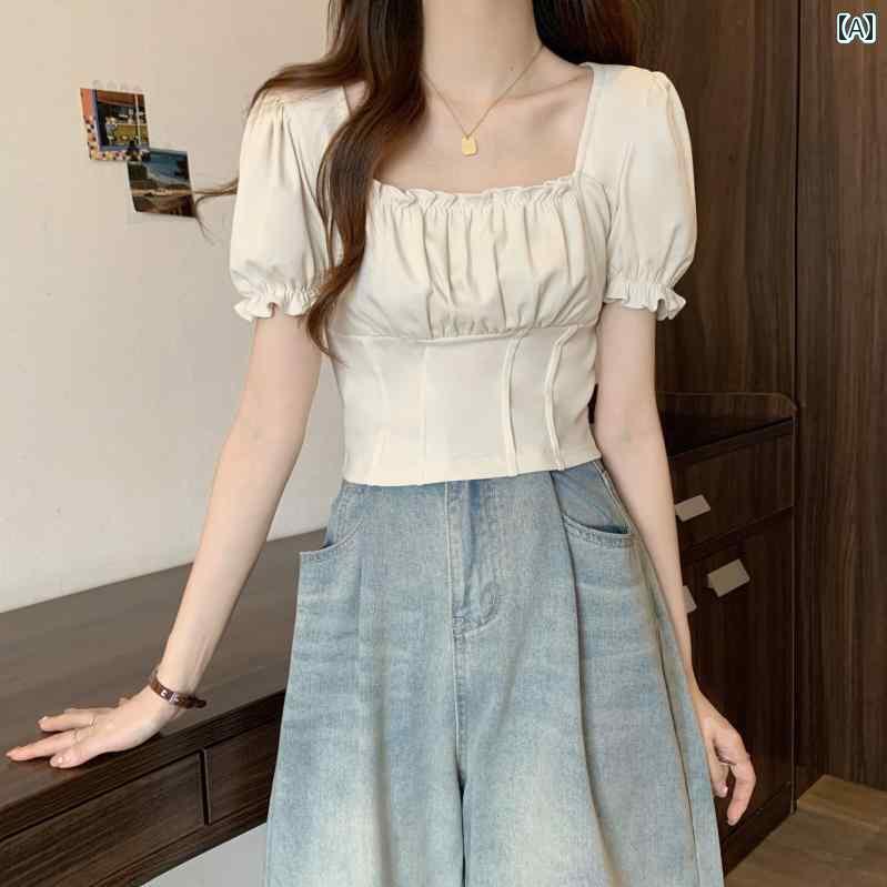 レディース トップス かわいい 春夏 レディース 大きいサイズ フレンチスクエア ネック 半袖 トップス 夏の スタイル な ショートな 甘くて スパイシーな パフスリーブ 菌 Tシャツ