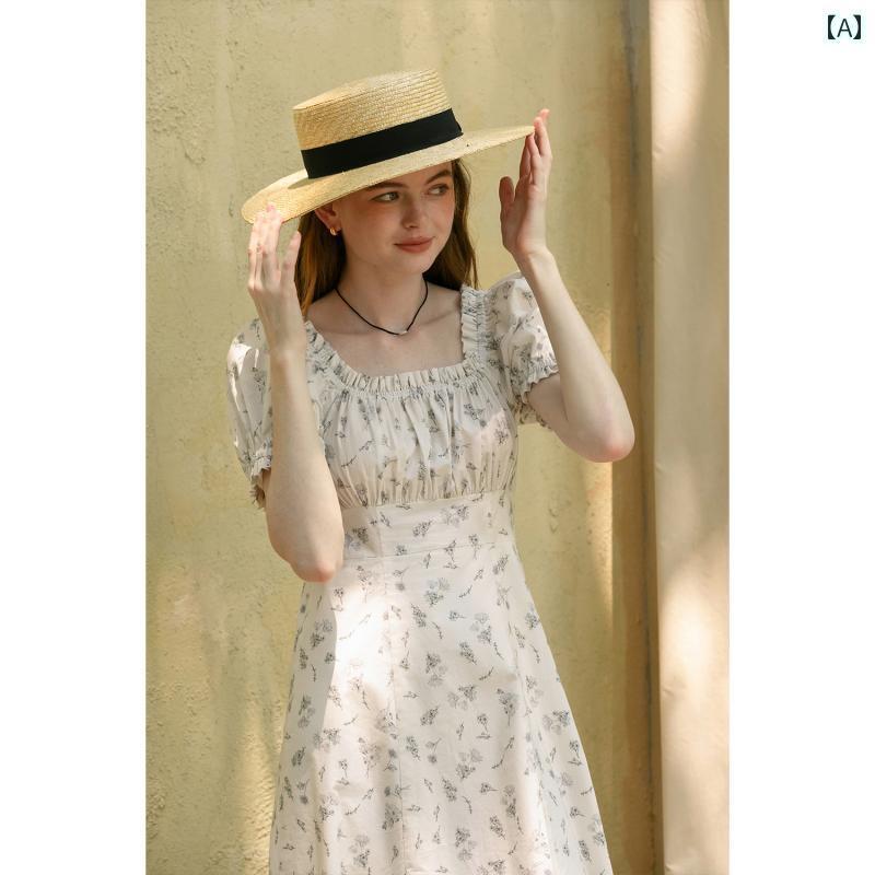 レディース トップス かわいい 春夏 MELLIIY 2025 夏 フレンチ 優しい スクエアネック ウッド 耳 縁 ウエスト 花柄 ワンピース レディース