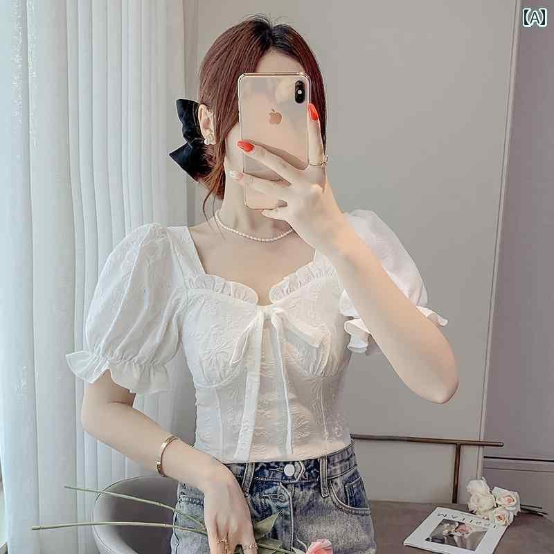 レディース トップス かわいい 春夏 蝶 結びの パフスリーブ スクエアネック シフォンシャツ レディースウェア フレンチ トップス 夏 2025 半袖 ショート スタイル