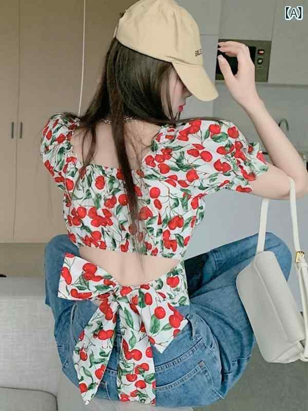 レディース トップス かわいい 春夏 フレンチ なの スクエアネックの チェリー シャツ レディースの サマー ショート ストラップの リボン パフスリーブ トップス