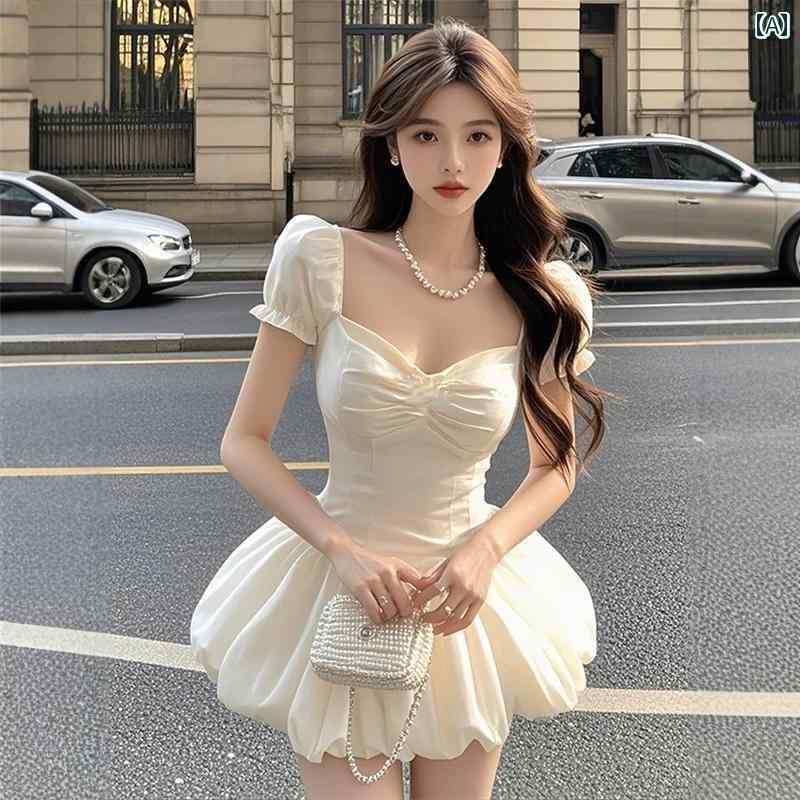 レディース トップス かわいい 春夏 フレンチ Vネック パフスリーブ ハイエンド アプリコット ショート スカート 2025 女性 夏 デザイア プリーツ パフ