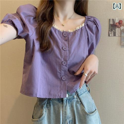 レディース トップス かわいい 春夏 女性用 半袖 シャツ 2025夏 フレンチスクエア ネック 鎖骨 パフスリーブ 甘くて スタイリッシュな ショート パープル トップ