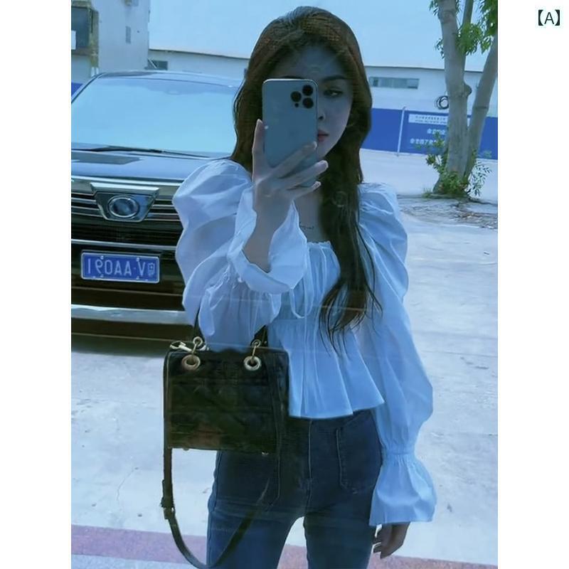 レディース トップス かわいい 春夏 レディース 高級 フリル スクエアネック シャツ パフスリーブのの 秋 美しい で 年齢を 減らす トップ