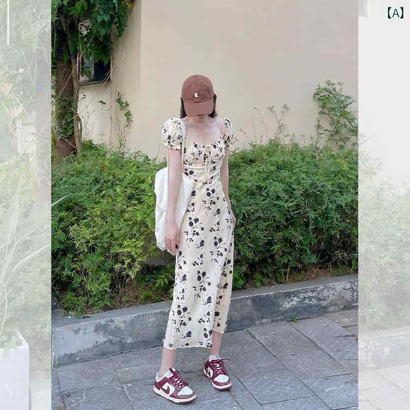 レディース トップス かわいい 春夏 フランスの 優しい スクエアネック パフスリーブ 花柄 ドレス 女性 夏 小さい ウエスト スカート