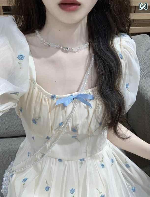 レディース トップス かわいい 春夏 キキョウ フレンチスクエア ネック パフスリーブ ヘビー 刺繍 ドレス レディース 夏 ウエスト フェアリー スカート