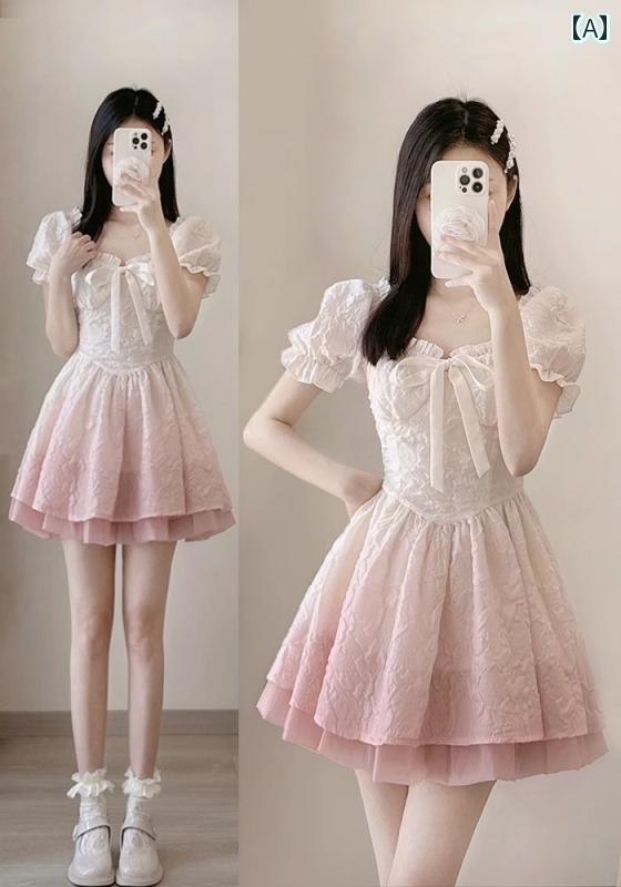 レディース トップス かわいい 春夏 フレンチ パフスリーブ スクエアネック ドレス レディース サマー スカート ファースト ラブ シリーズ キュート スイート ウエスト aライン パフ ショート