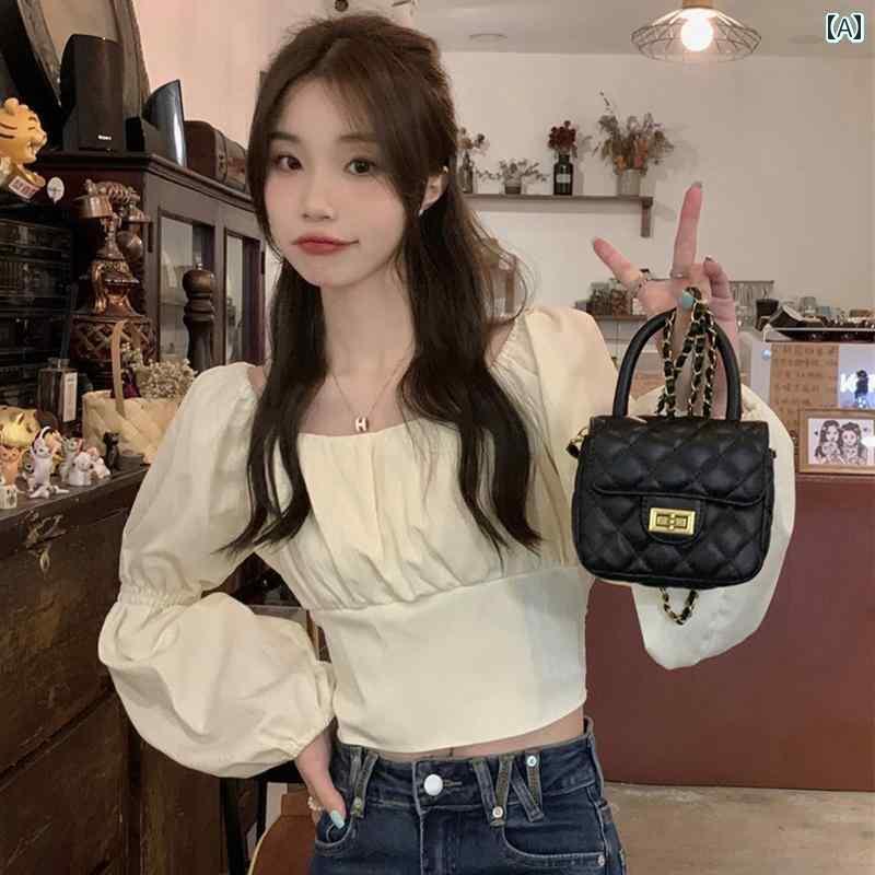 レディース トップス かわいい 春夏 フレンチスクエア ネックの 長袖 シャツ レディース 2025年 初秋 パフスリーブ タイ ウエスト ショート トップ