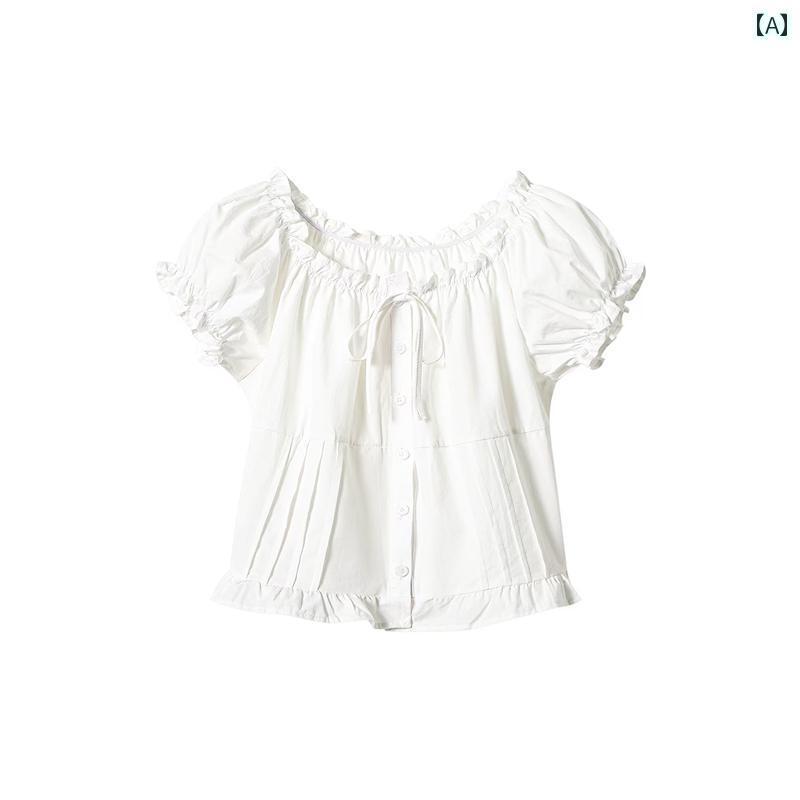レディース トップス かわいい 春夏 フレンチスクエア ネックの ユニークで なな パフスリーブ スリム ショート トップ レディース サマー スイート レースアップ シャツ