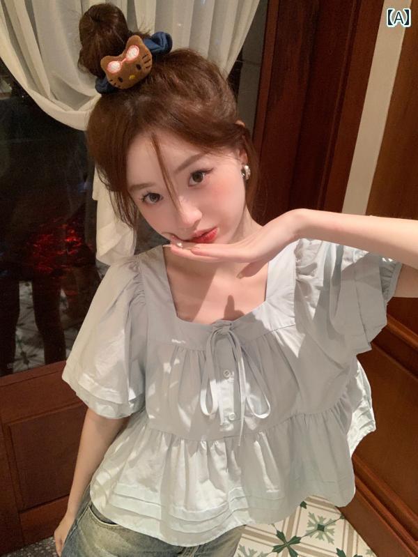 レディース トップス かわいい 春夏 フレンチブルーの スクエアネック パフスリーブ ベビー シャツ トップス レディース 夏用 ゆったり 半袖 ショート 丈 シック 小さめ