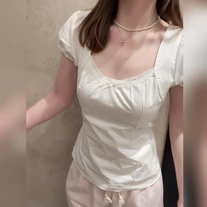 レディース トップス かわいい 春夏 大きいサイズ mm デザイア BM スタイル レースエッジ スクエアネック パフスリーブ トップス レディース サマー スイート ホワイト ウエスト シャツ